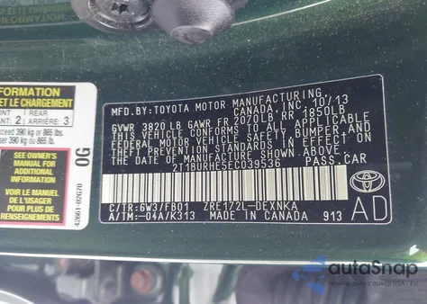 2014 Toyota Corolla Le z USA, uszkodzony, nr VIN 2T1BURHE5EC039536